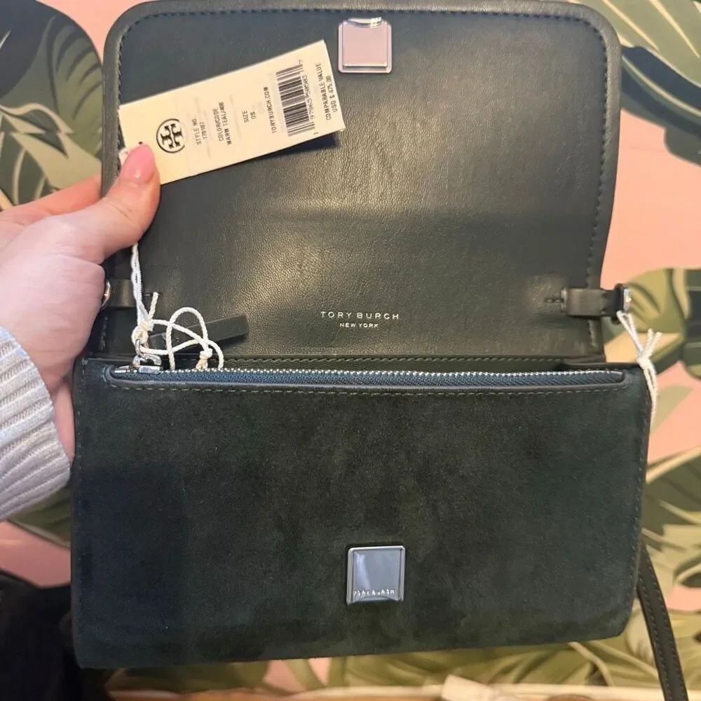 Tory Burch Thea Flat Wallet Crossbody Suede in Warm Teal 170107 $475